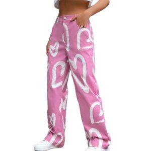 Chic Pink Heart Women's Wide Leg Pants